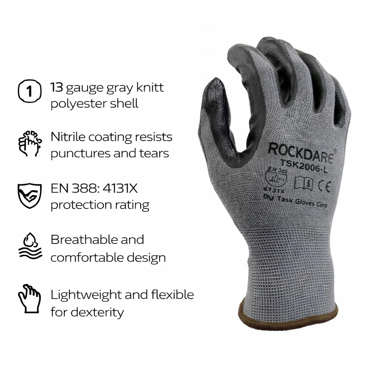 TASK 13G Gray Nitrile Coated Gloves, Gray - TSK2006 - Image 2