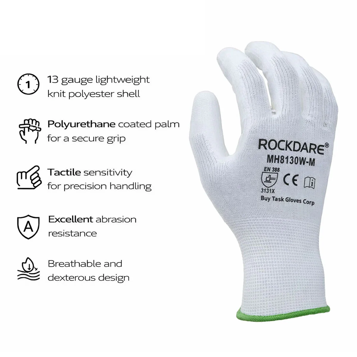 TASK 13G Polyurethane Coated Gloves, MH8130W, White - Image 2