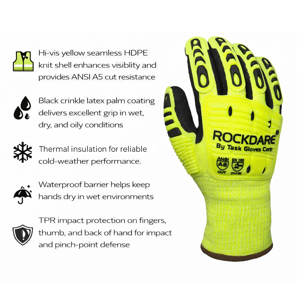 TASK ROCKDARE Hi-Vis ANSI A5 Cold Weather Latex Coated Waterproof Impact Gloves, Yellow, RD3000 - Image 2