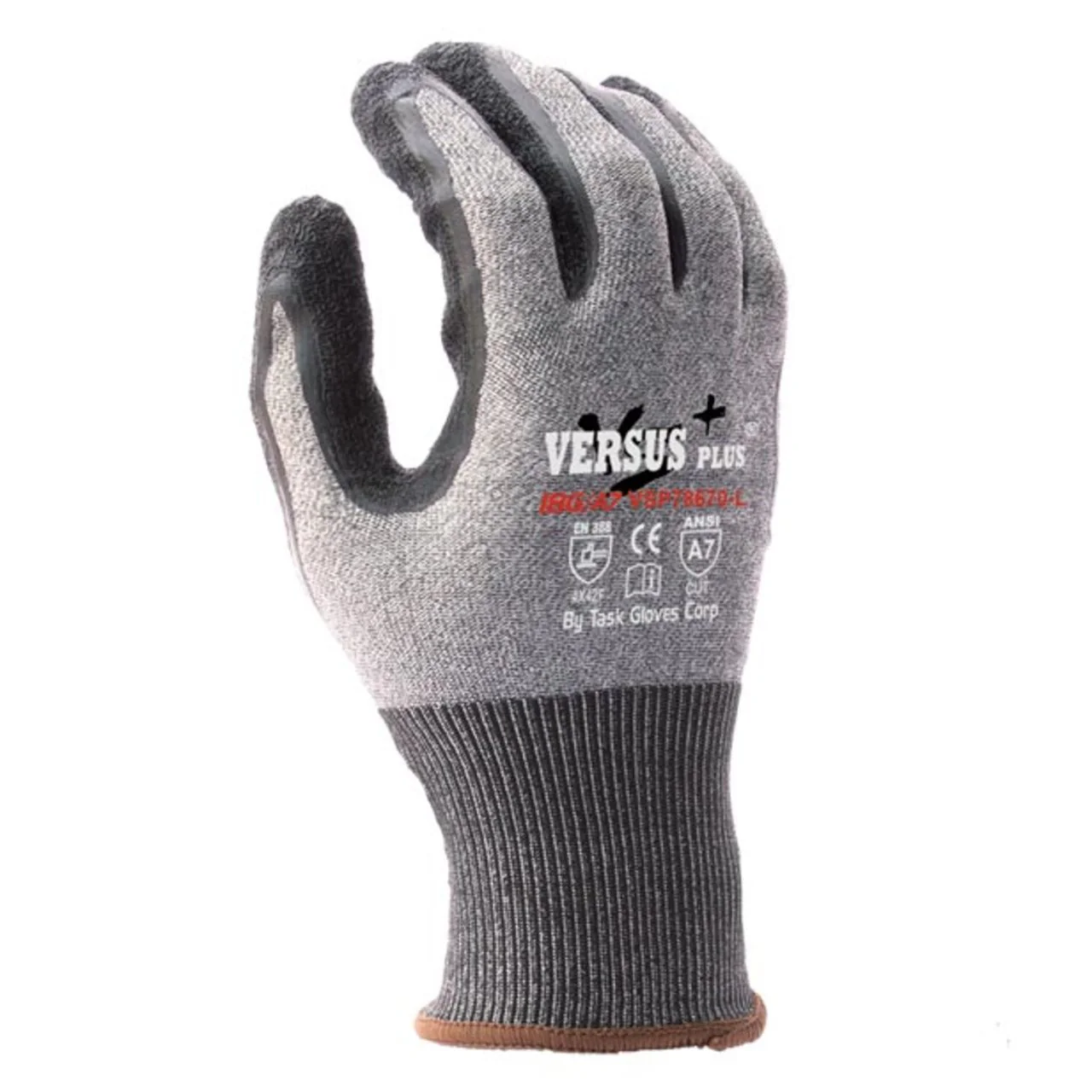 TASK Versus Plus 18G ANSI A7 Cut Resistant Crinkle Latex Coated Gloves, Gray - VSP78670