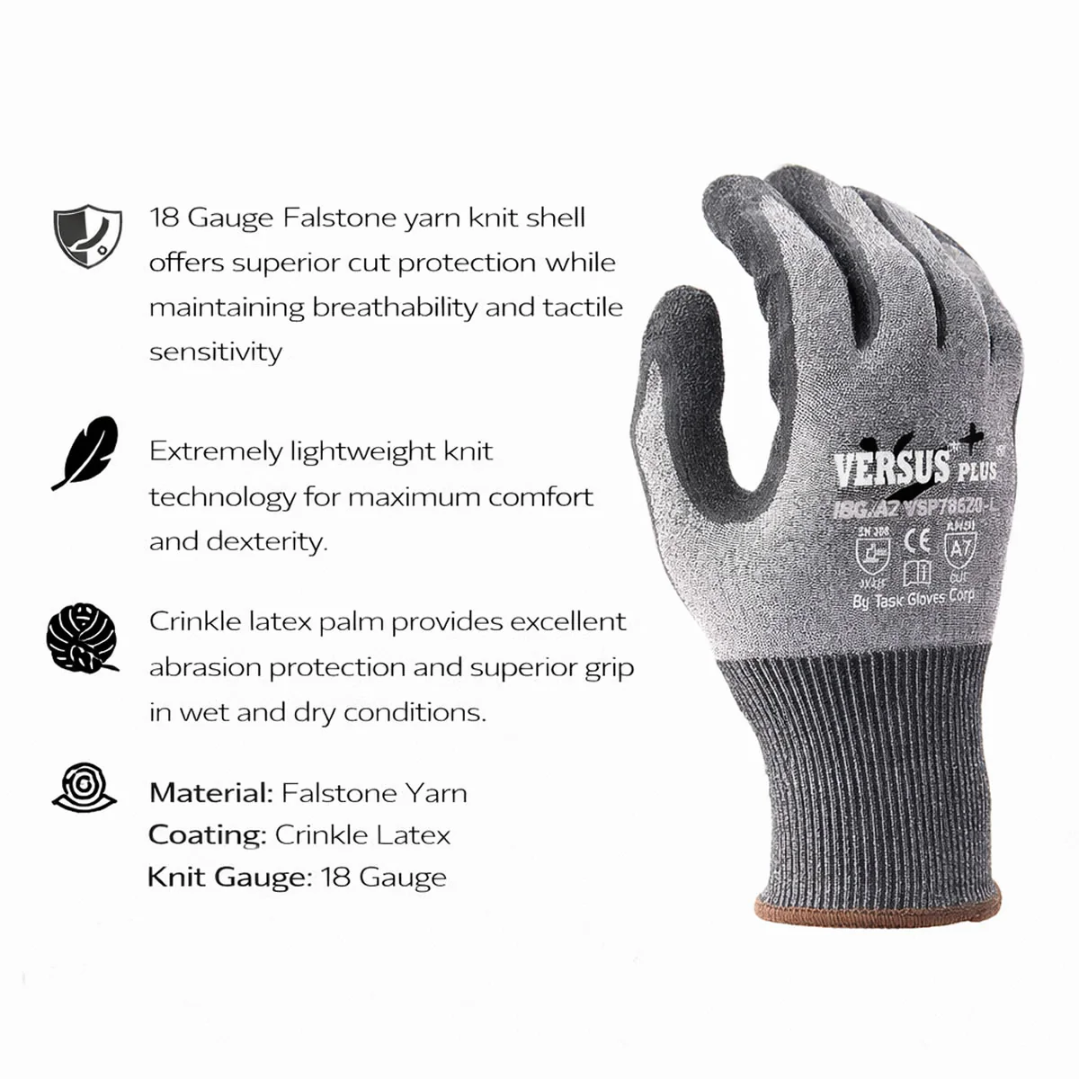 TASK Versus Plus 18G ANSI A7 Cut Resistant Crinkle Latex Coated Gloves, Gray - VSP78670 - Image 3