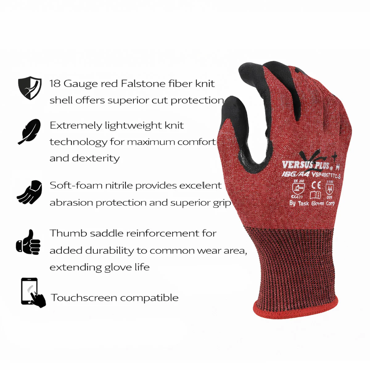 TASK Versus Plus 18G ANSI A4 Cut Resistant Nitrile Coated Gloves (Touchscreen) - VSP49670TC - Single Pair - Image 3
