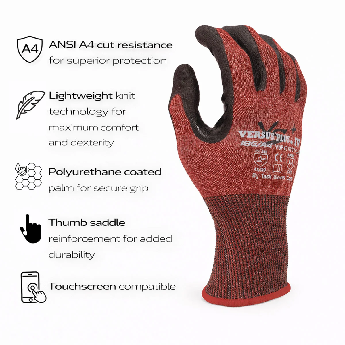 TASK Versus Plus 18G ANSI A4 Cut Resistant Polyurethane Coated Gloves (Touchscreen) - VSP47670TC - Single Pair - Image 2